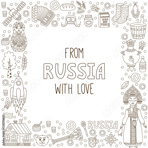 Russia doodle line icons square frame vector
