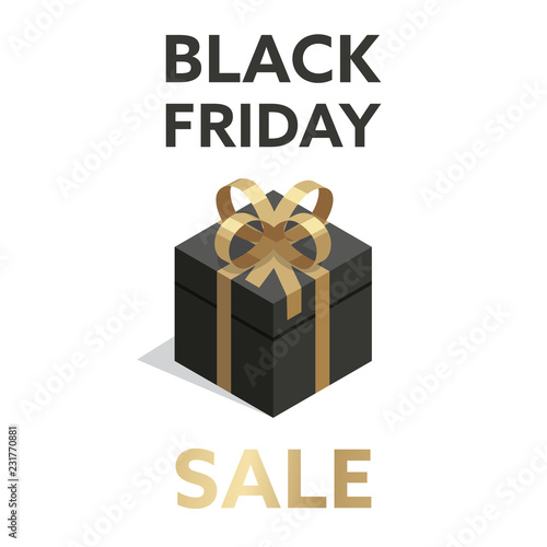 Black friday sale design with isometric 3d style black and gold gift box isolated on white background.