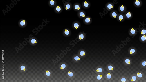 Vector Realistic Blue Petals Falling on Transparent Background.  Spring Romantic Flowers Illustration. Flying Petals. Sakura Spa Design. Blossom Confetti.