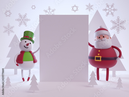 3d render, Christmas illustration, snowman and santa claus holding blank banner, white page, festive greeting card, snowflakes background photo