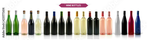 A large set of photo-realistic wine bottles on a white background with shadow and reflection. Mocap for advertising red, white and rose wine.