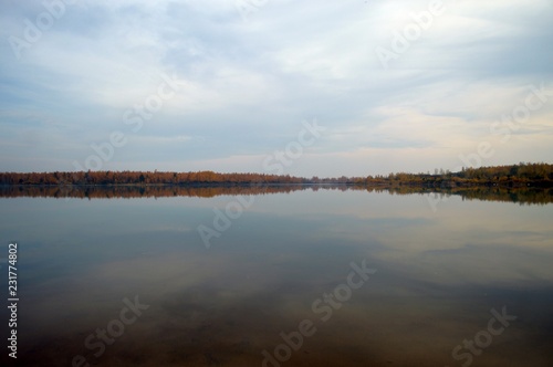 Morning mood in autumn on the water with fog  lake with waves and trees on the shore 