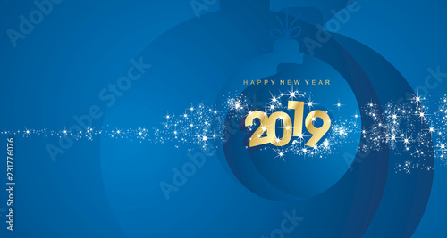 Happy New Year 2019 firework gold blue Christmas ball landscape greeting card