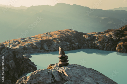 Beautiful sunset at Schottensee Lake, on and the five-lake tour route on Mt Pizol, Bad Ragaz, Heidi-Country, Swiss Alps, Switzerland, Europe,  photo