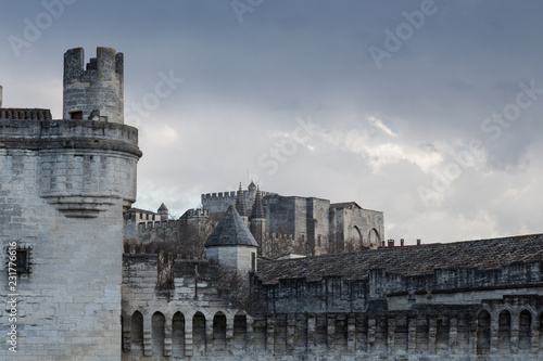 View of Medieval City Walls and Buildings in Avignon France