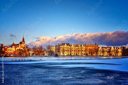 Panorama of the old town at Pfaffenteich lake in Schwerin.