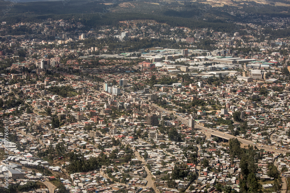 Fototapeta premium Aerial view of densely populated city of Addis Ababa, Ethiopia
