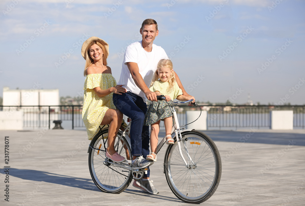 Happy family riding bicycle outdoors on sunny day