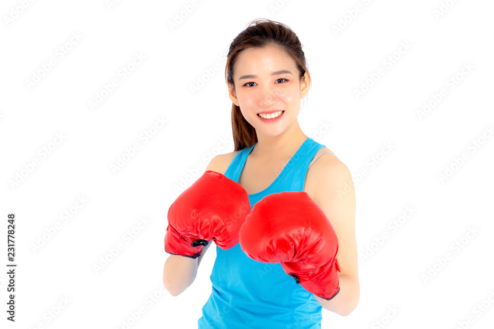 Beautiful portrait young asian woman wearing red boxing gloves with strength and strength isolated on white background, girl workout exercise is sport training with punch, health concept. Beautiful portrait young asian woman wearing red boxing gloves with strength and strength isolated on white background, girl workout exercise is sport training with punch, health concept.