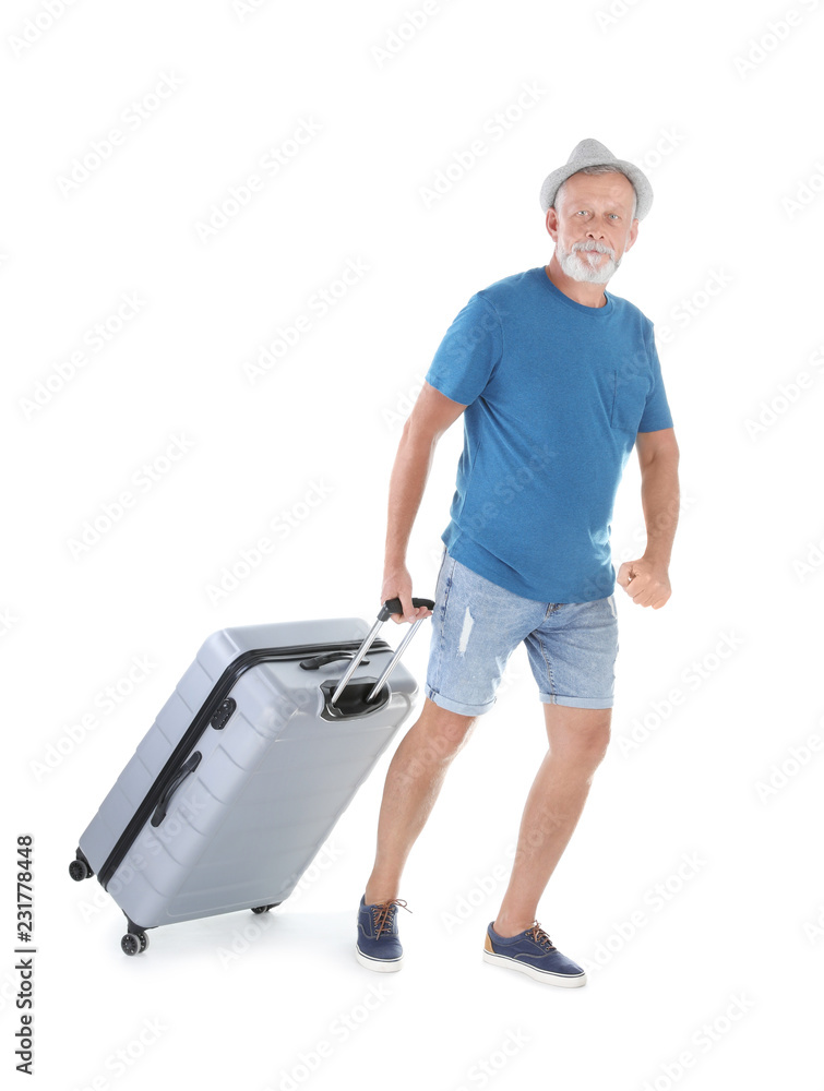 Senior man with suitcase on white background. Vacation travel Senior man with suitcase on white background. Vacation travel