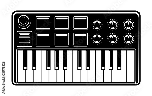 Black and white illustration of synthesizer