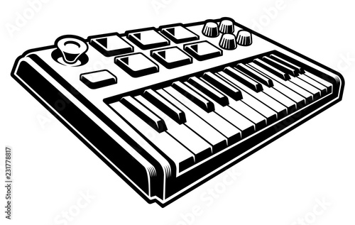 Black and white illustration of midi keyboard