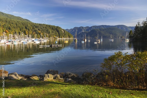 Scenic Landscape View of Indian Arm and Moored Yachts in Deep Cove Marina Urban Park, Vancouver British Columbia, Canada