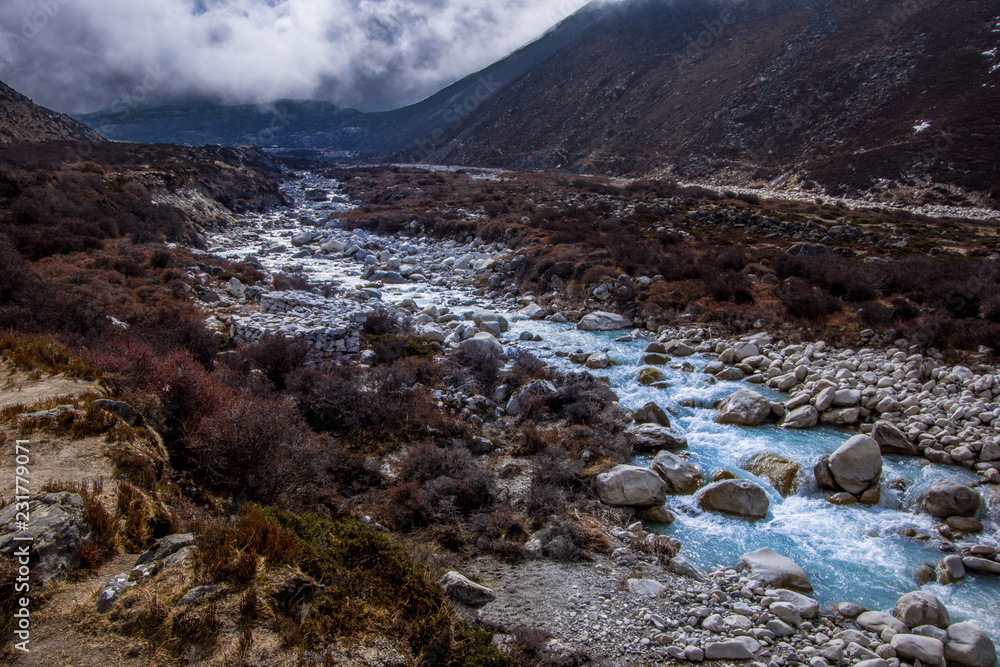 Landscape view of river Dudh Koshi. It is the highest river in terms of elevation. Sagarmatha (Everest) National Park, Nepal.