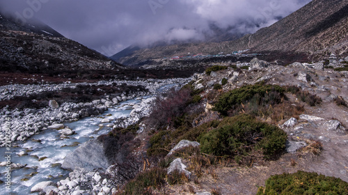 Landscape view of river Dudh Koshi. It is the highest river in terms of elevation. Sagarmatha (Everest) National Park, Nepal.