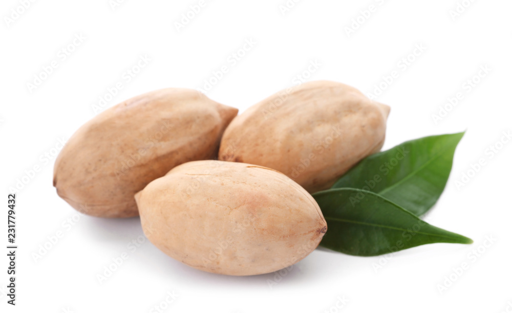 Pecan nuts in shell and leaves on white background. Nutritive food Pecan nuts in shell and leaves on white background. Nutritive food