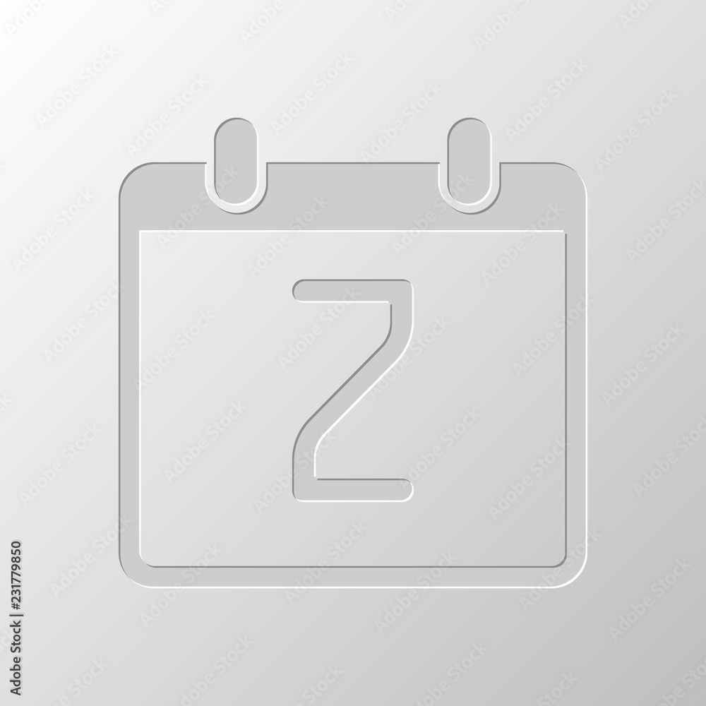 calendar with 2 day, simple icon. Paper design. Cutted symbol. P calendar with 2 day, simple icon. Paper design. Cutted symbol. P