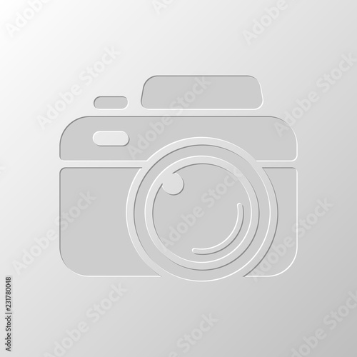 Photo camera, simple icon. Paper design. Cutted symbol. Pitted s