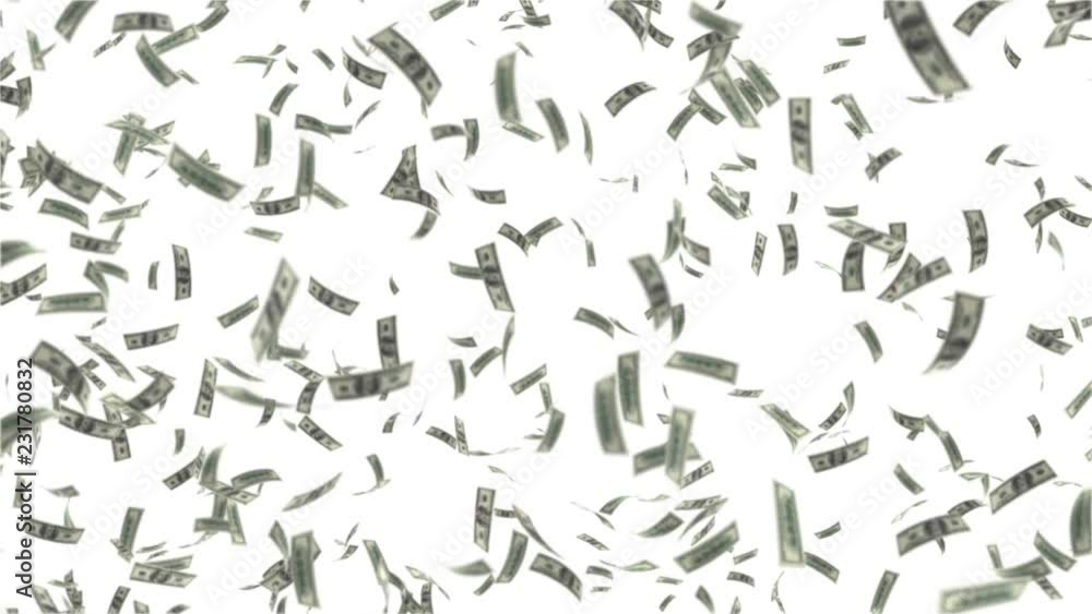 One hundred dollar bills money flow on white background One hundred dollar bills money flow on white background