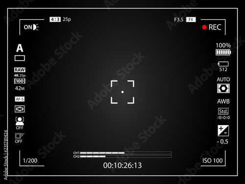 Black modern digital camera viewfinder template with vignetting effect. Black viewfinder mirrorless, DSLR or cameraphone camera recording. Vector illustration photo