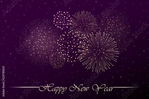 Firework show on purple night sky background. New year concept. Congratulations or invitation card background. Vector illustration