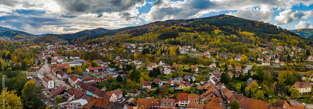 Autumnal panorammic aerial view of city Schirmeck in Alsace