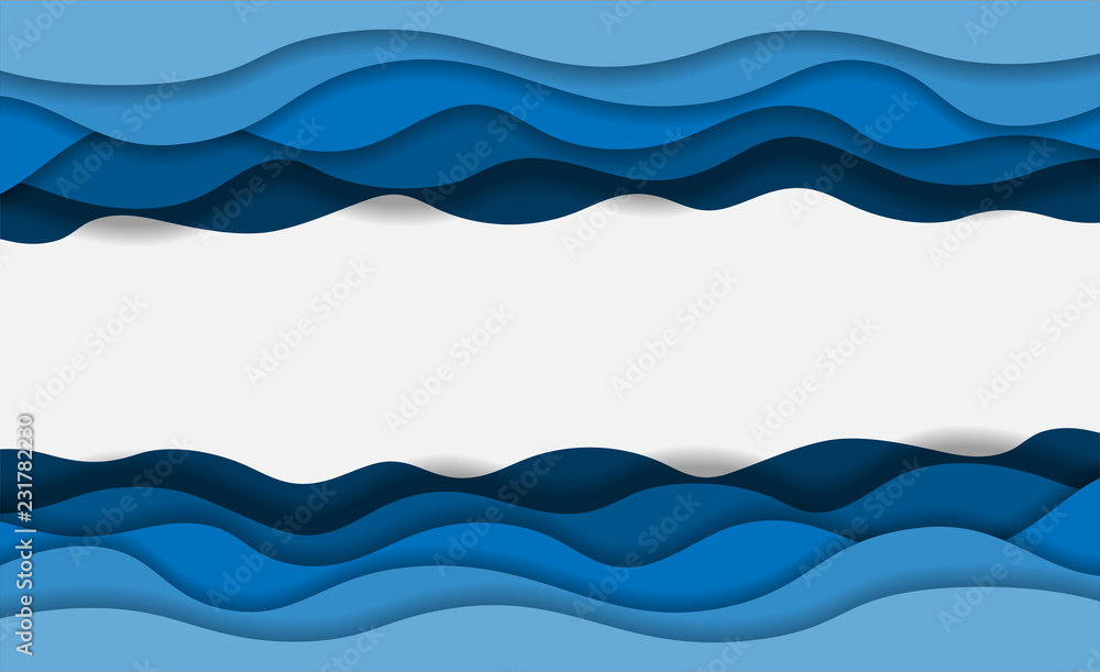 Fototapeta Fale niebieskiej wody warstwowe karty papieru sztuki. Projekt origami 3D. Ilustracji wektorowych