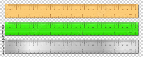 Realistic tape rulers set isolated on transparent background. Plastic, metal and wooden double sided measurement in cm and inches. Vector illustration