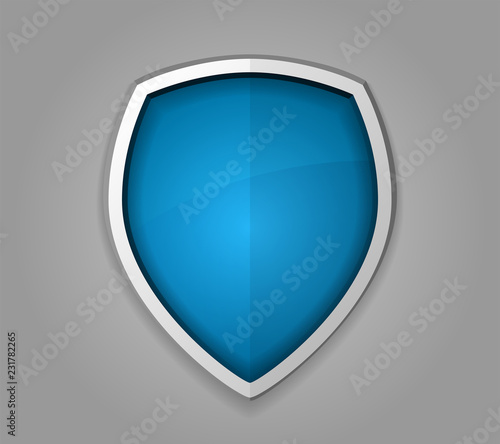 Clear blue realistic shining shield icon. Defense, safety, privacy, security, safeguard or antivirus concept. Vector illustration