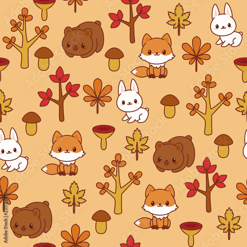Woodland/forest animals seamless pattern. Brown bear, fox and bunny in the fall/autumn forest. Children's wallpaper