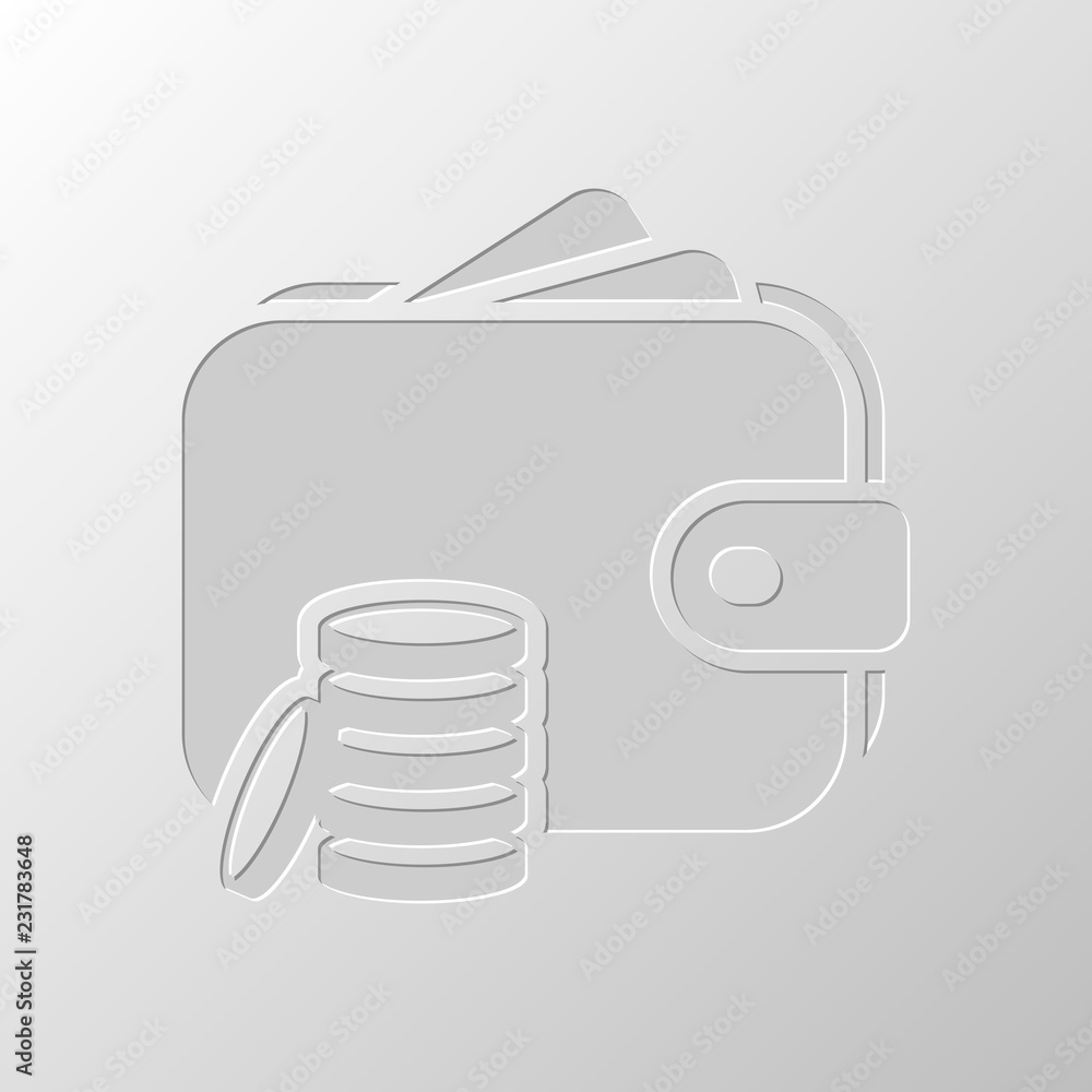 Wallet and coins, Purse with money. Paper design. Cutted symbol. Wallet and coins, Purse with money. Paper design. Cutted symbol.