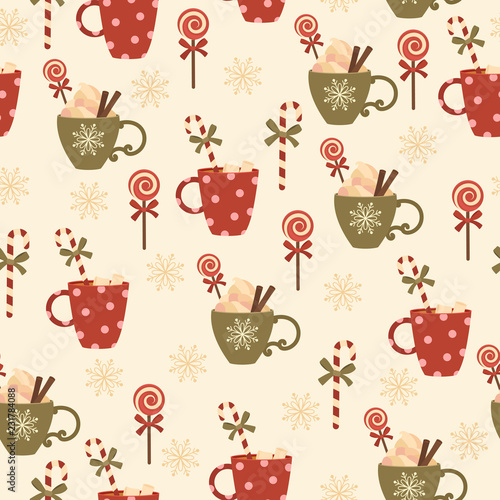 Winter holidays hot drinks and candies. Vector seamless pattern.