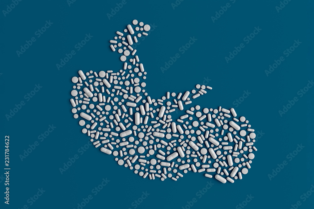 Many pills scattered on a blue background in the form of a human embryo 3D illustration Many pills scattered on a blue background in the form of a human embryo 3D illustration