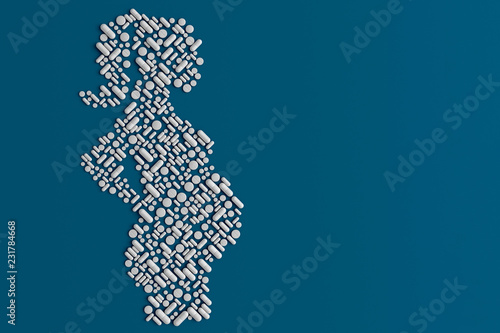 Many pills scattered on a blue background in the form of a silhouette of a pregnant woman 3D illustration