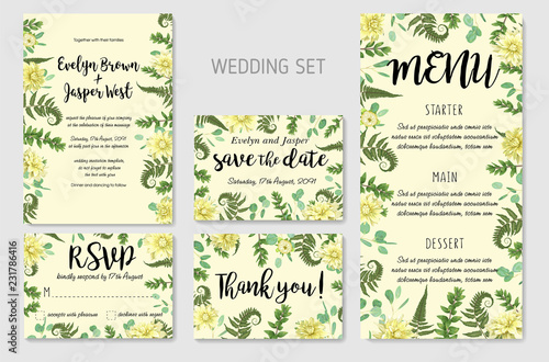 Wedding Invitation  flowers of yellow dahlia  fern leaves greenery  eucalyptus and boxwood branches  forest foliage decorative frame print