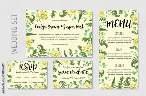 Wedding Invitation, flowers of yellow dahlia, fern leaves greenery, eucalyptus and boxwood branches, forest foliage decorative frame print