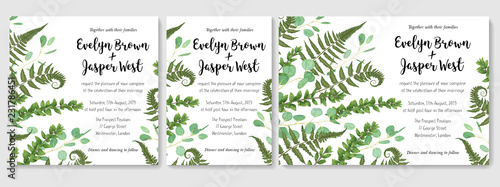 Wedding Invitation set  fern leaves greenery  eucalyptus and boxwood branches  forest foliage decorative frame print  vignettes