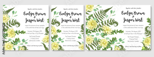 Wedding Invitation set, flowers of yellow dahlia, fern leaves greenery, eucalyptus and boxwood branches, forest foliage decorative frame print