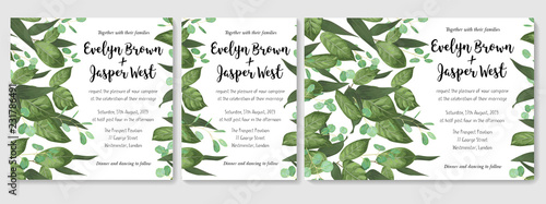 Vector card floral design with green watercolor, herbs, leaves eucalyptus, white lily, botanical green, decorative frame, square. Cute greeting, postcard template