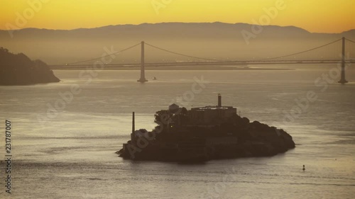 Aerial sunrise view The Rock Alcatraz Island San Francisco USA