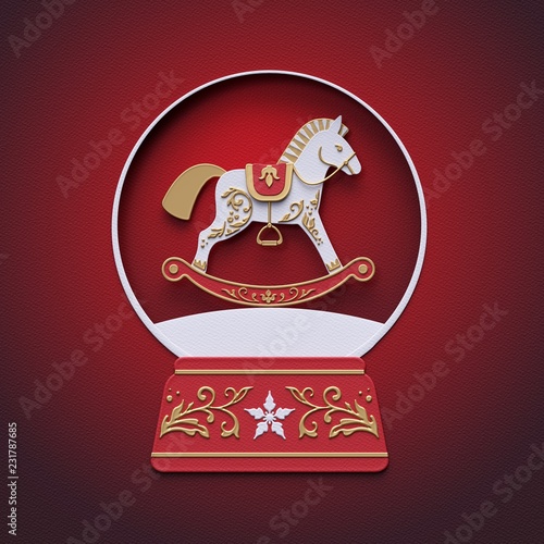 3d render, vintage christmas holiday ornament, horse inside, pony, snowball, flat paper craft decor, cut layers, greeting card, round frame, red background, digital illustration