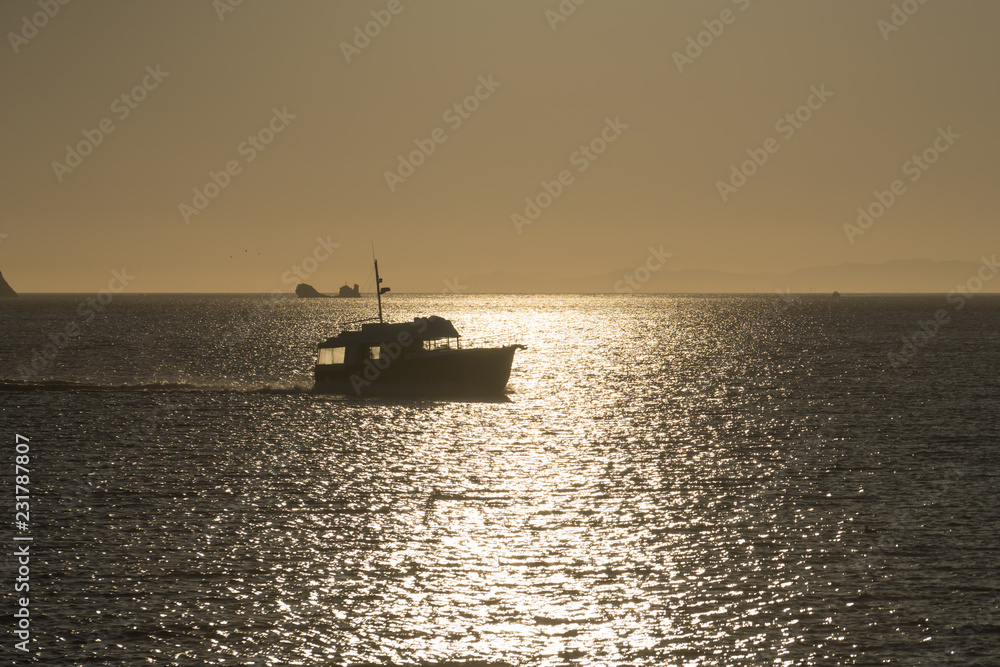 seascape with a boat on the background of the sea.