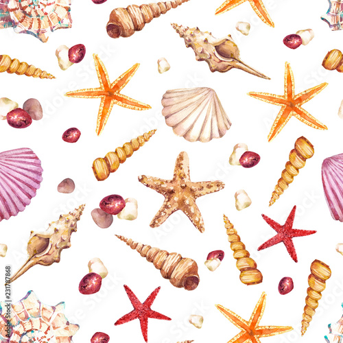 Watercolor seamless pattern with underwater life objects - seashells, starfish and stones.