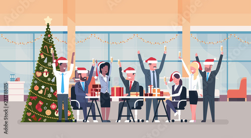 business team raised hands in modern office decorated fir tree happy new year merry christmas celebration concept flat horizontal vector illustration
