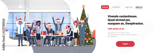 business team raised hands in modern office decorated fir tree happy new year merry christmas celebration concept flat copy space horizontal vector illustration