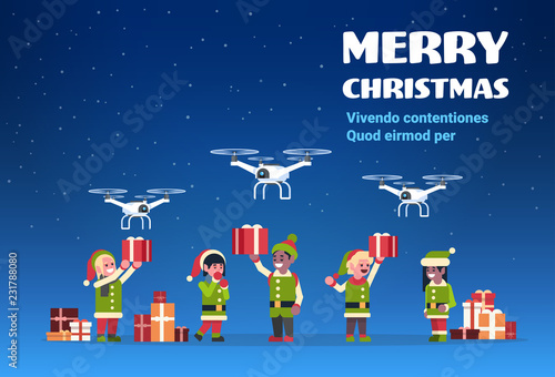mix race elf santa claus helper holding gift box drone present delivery service christmas holiday new year concept flat horizontal copy space vector illustration