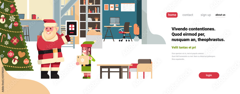 Santa Claus With Girl Elf Modern Office Using Tablet Online Application Chat Bubble Communication Happy New Year Merry Christmas Holiday Concept Flat Horizontal Copy Space Vector Illustration Stock Vector Adobe Stock Santa Claus With Girl Elf Modern Office Using Tablet Online Application Chat Bubble Communication Happy New Year Merry Christmas Holiday Concept Flat Horizontal Copy Space Vector Illustration Stock Vector Adobe Stock