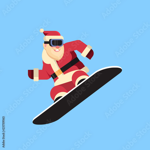 santa claus doing jump on snowboard happy new year merry christmas celebration concept flat blue background vector illustration