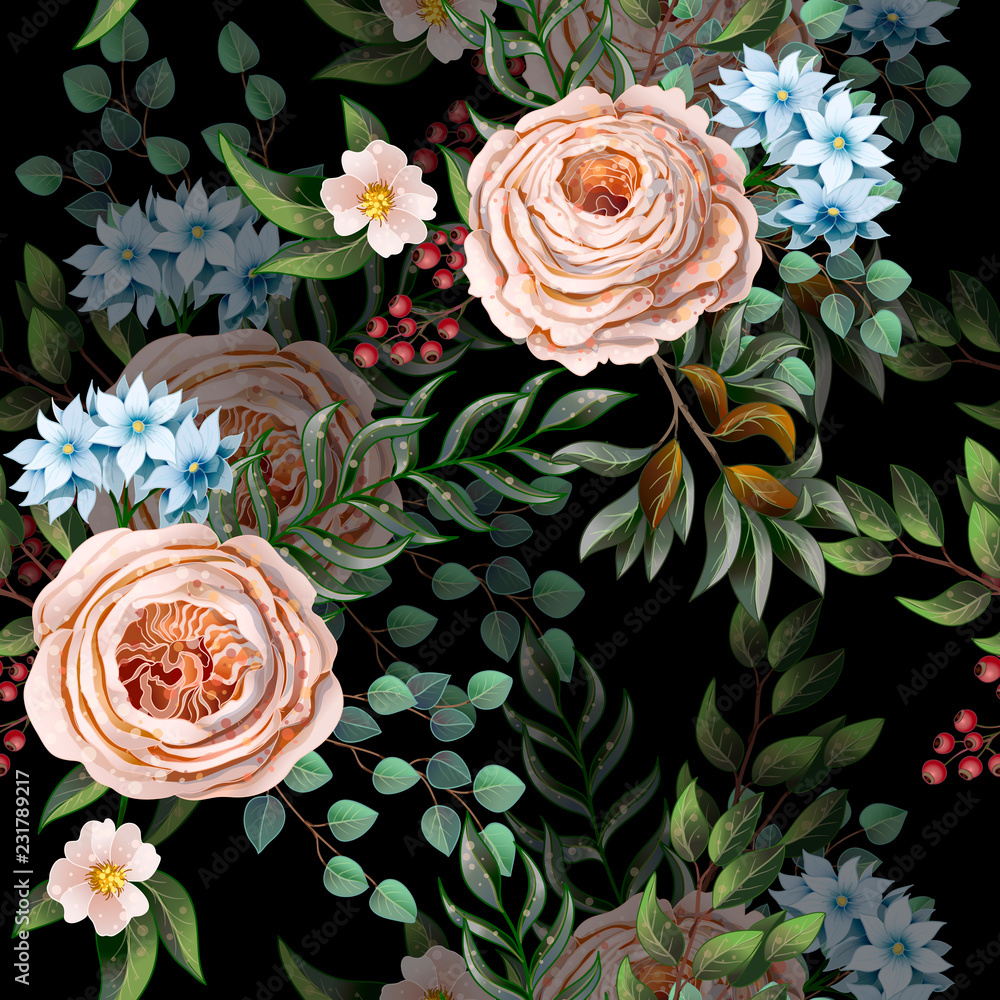 Victorian-style pattern with English roses and other flowers