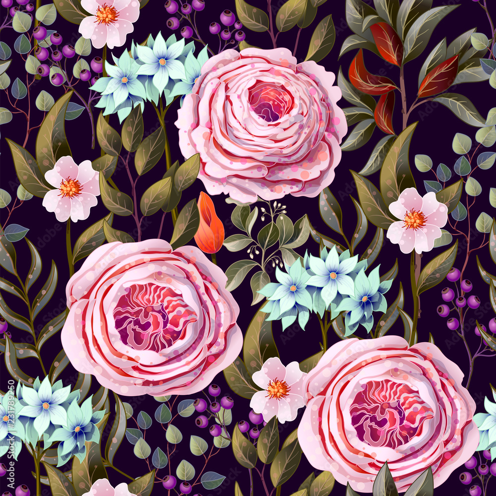 Large pink roses on a dark background